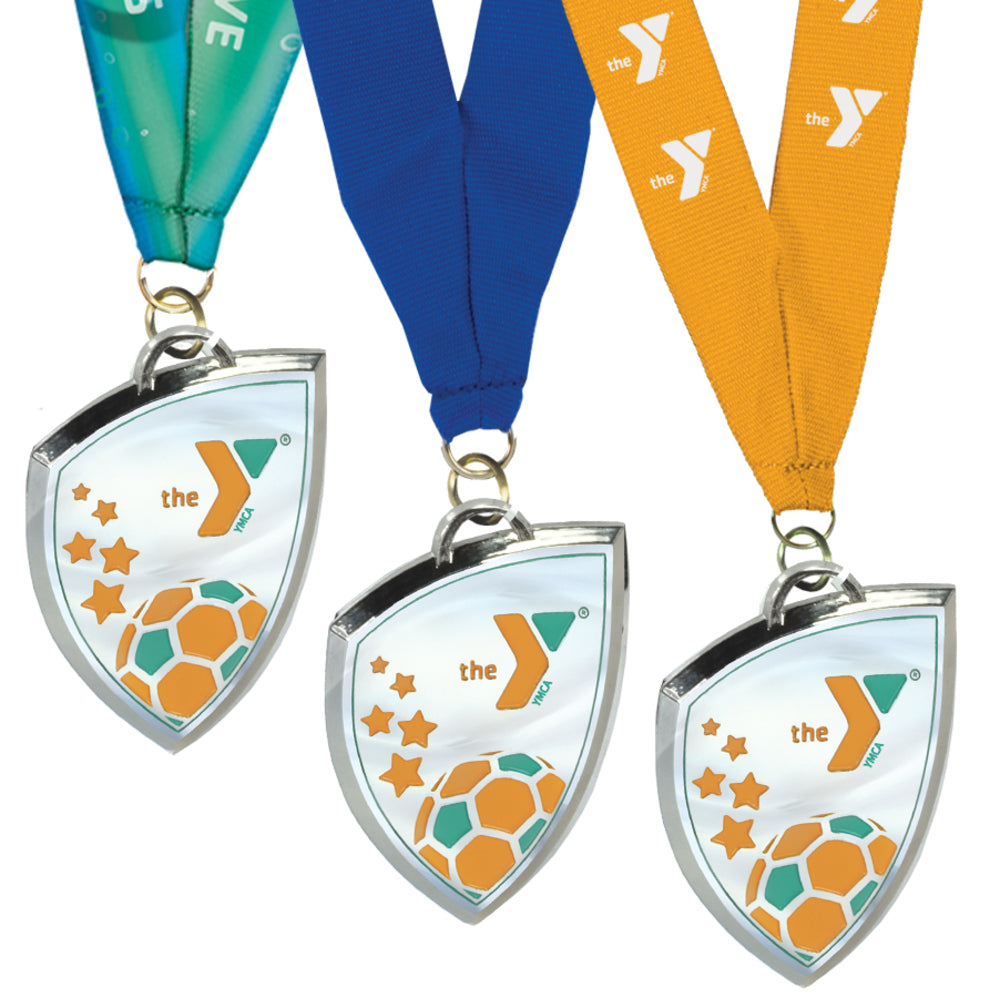 Silver Shield Y Sport Medallion with Your Choice of Neck Ribbon - Soccer (CLOSEOUT DISCOUNT ALREADY APPLIED)
