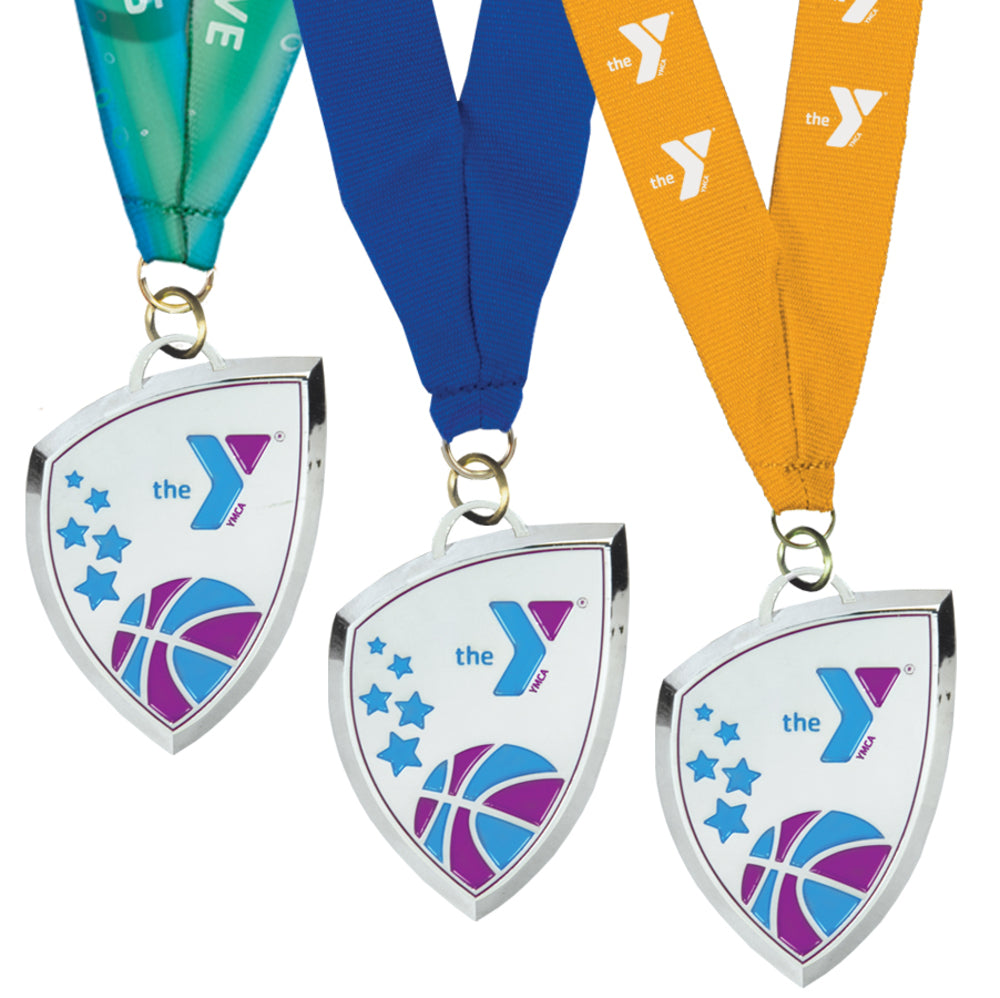 Silver Shield Y Sport Medallion with Your Choice of Neck Ribbon - Basketball
