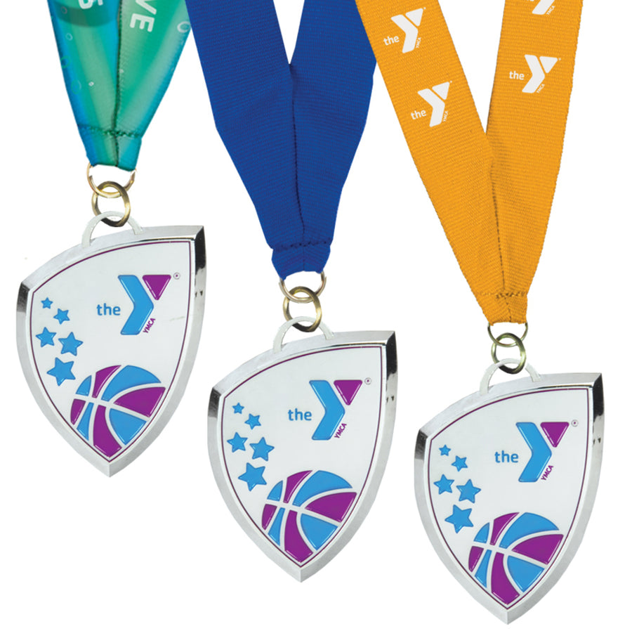 Silver Shield Y Sport Medallion with Your Choice of Neck Ribbon - Basketball