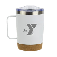 White YMCA Logo Laser Engraved 12 oz Vacuum Insulated Stainless Steel Mug with Cork Base