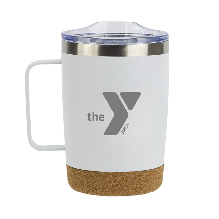 White YMCA Logo Laser Engraved 12 oz Vacuum Insulated Stainless Steel Mug with Cork Base