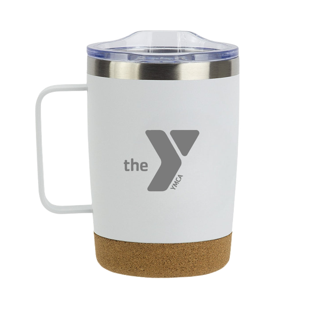 White YMCA Logo Laser Engraved 12 oz Vacuum Insulated Stainless Steel Mug with Cork Base
