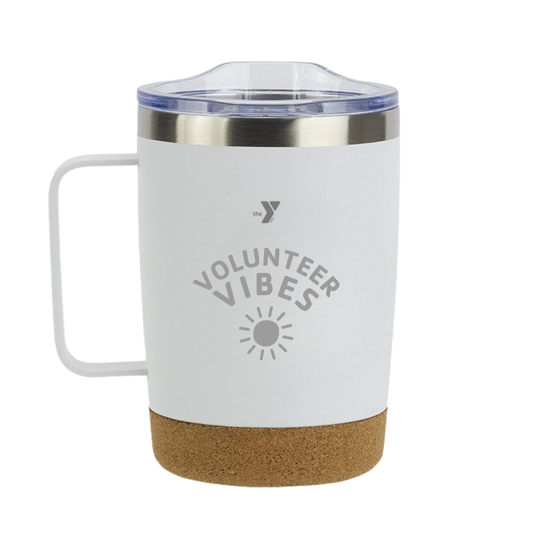 White Volunteer Vibes Laser Engraved 12 oz Vacuum Insulated Stainless Steel Mug with Cork Base