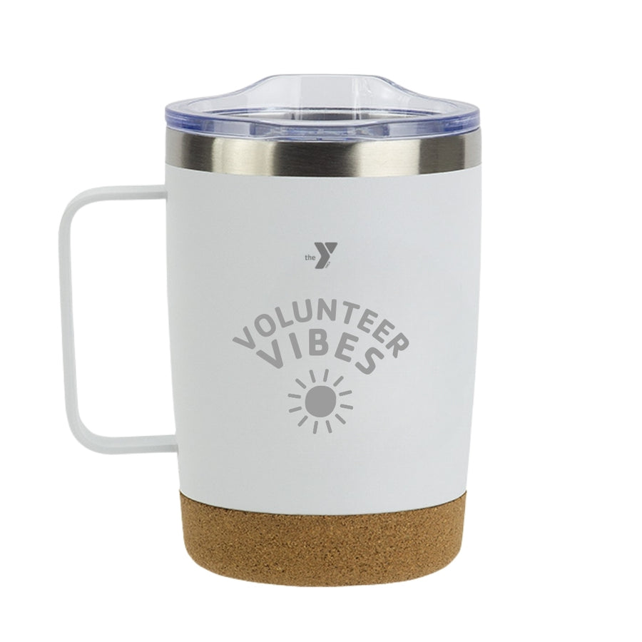 White Volunteer Vibes Laser Engraved 12 oz Vacuum Insulated Stainless Steel Mug with Cork Base