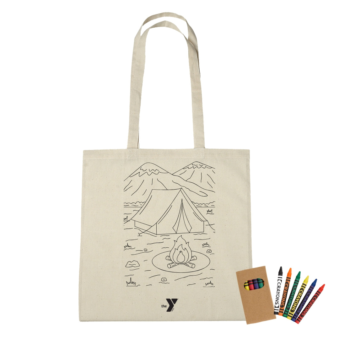Color-in YMCA Campfire 100% Cotton Tote Bag with Crayons