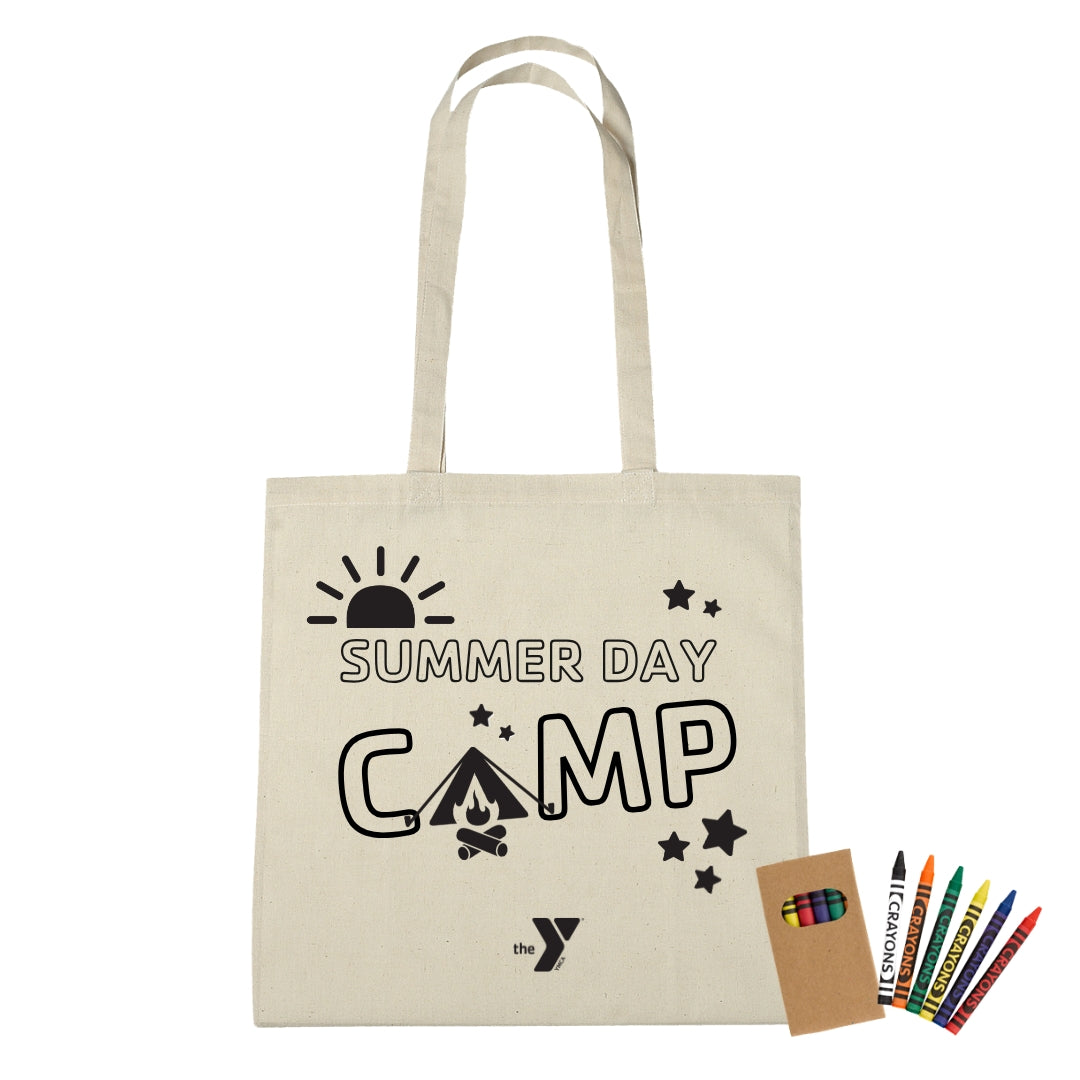 Color-in Day Camp 100% Cotton Tote Bag with Crayons
