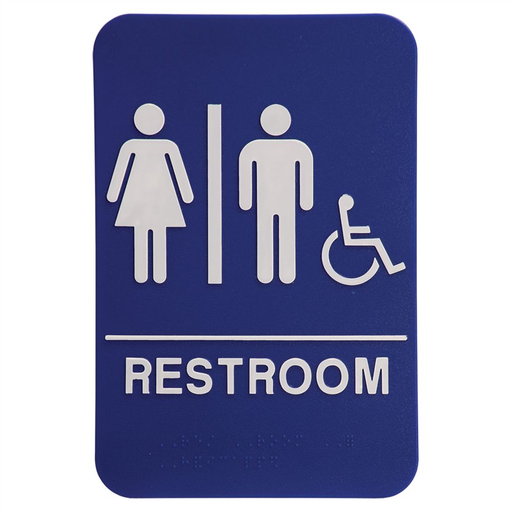 Braille Text - Blue/White Unisex (w/wheelchair) Accessible Restroom Sign