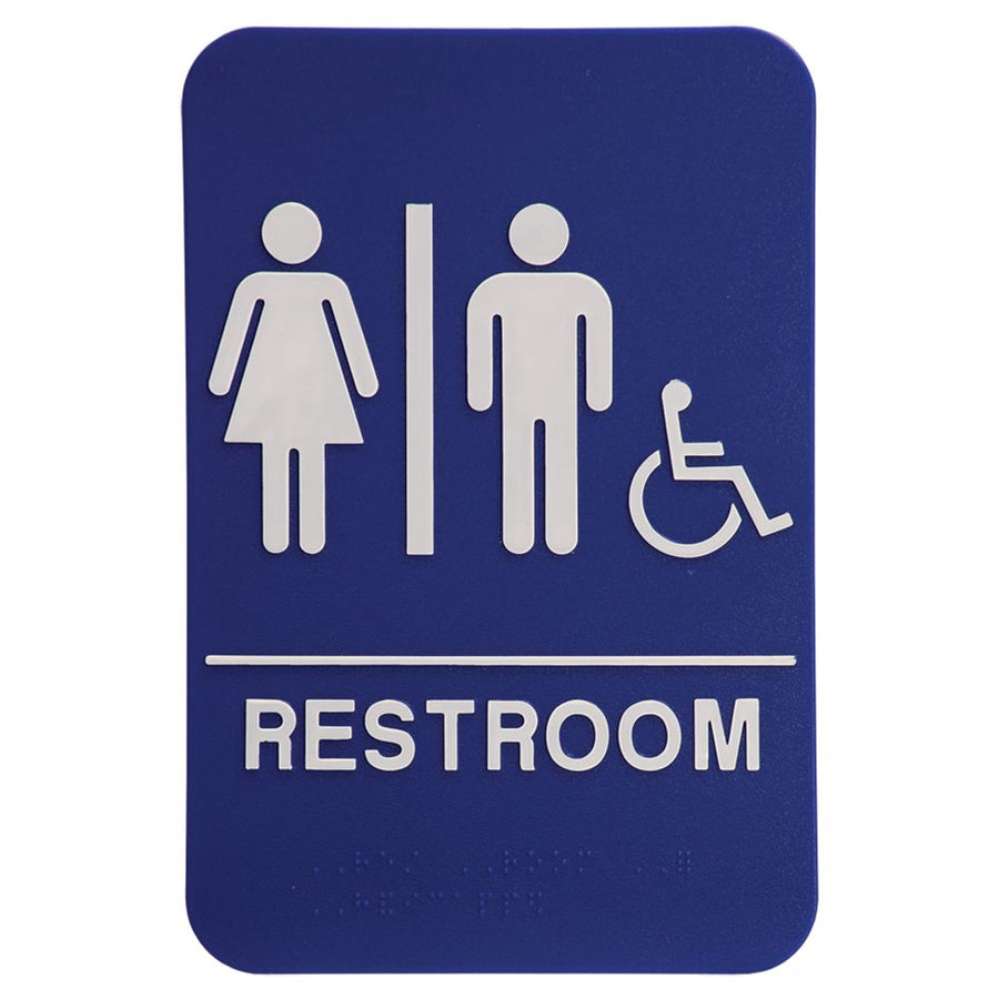 Braille Text - Blue/White Unisex (w/wheelchair) Accessible Restroom Sign