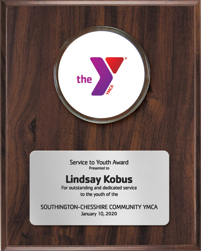 Walnut Finish Lucite Disc Logo Plaque