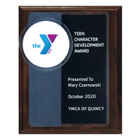 Acrylic Disc Logo and Lasered Acrylic Plate on Walnut Finish Board