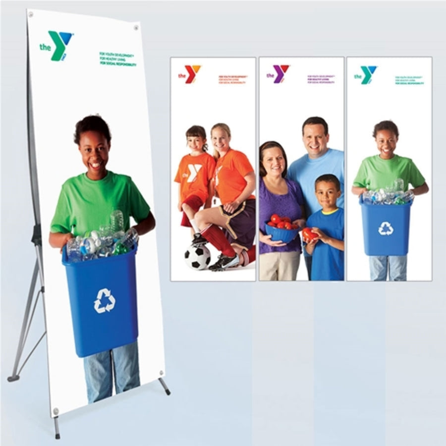 SET OF THREE Small X-Stands with 2’ x 5’3” - 13 oz. Vinyl Banners with Grommets
